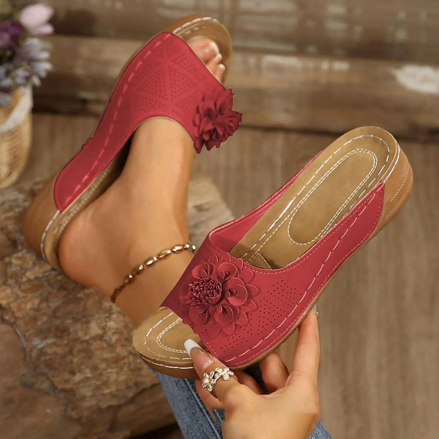 ZWRXW Orthopedic Sandals for Women,Arch Support Summer Beach Sandals,Fish Mouth Open Toe Leather Slippers,Chic Flowers Bohemian Flip Flops,Dressy Wedge Comfort Platform Sandal