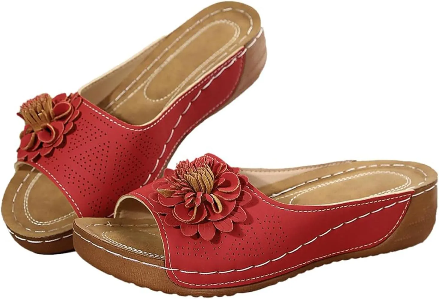 ZWRXW Orthopedic Sandals for Women,Arch Support Summer Beach Sandals,Fish Mouth Open Toe Leather Slippers,Chic Flowers Bohemian Flip Flops,Dressy Wedge Comfort Platform Sandal